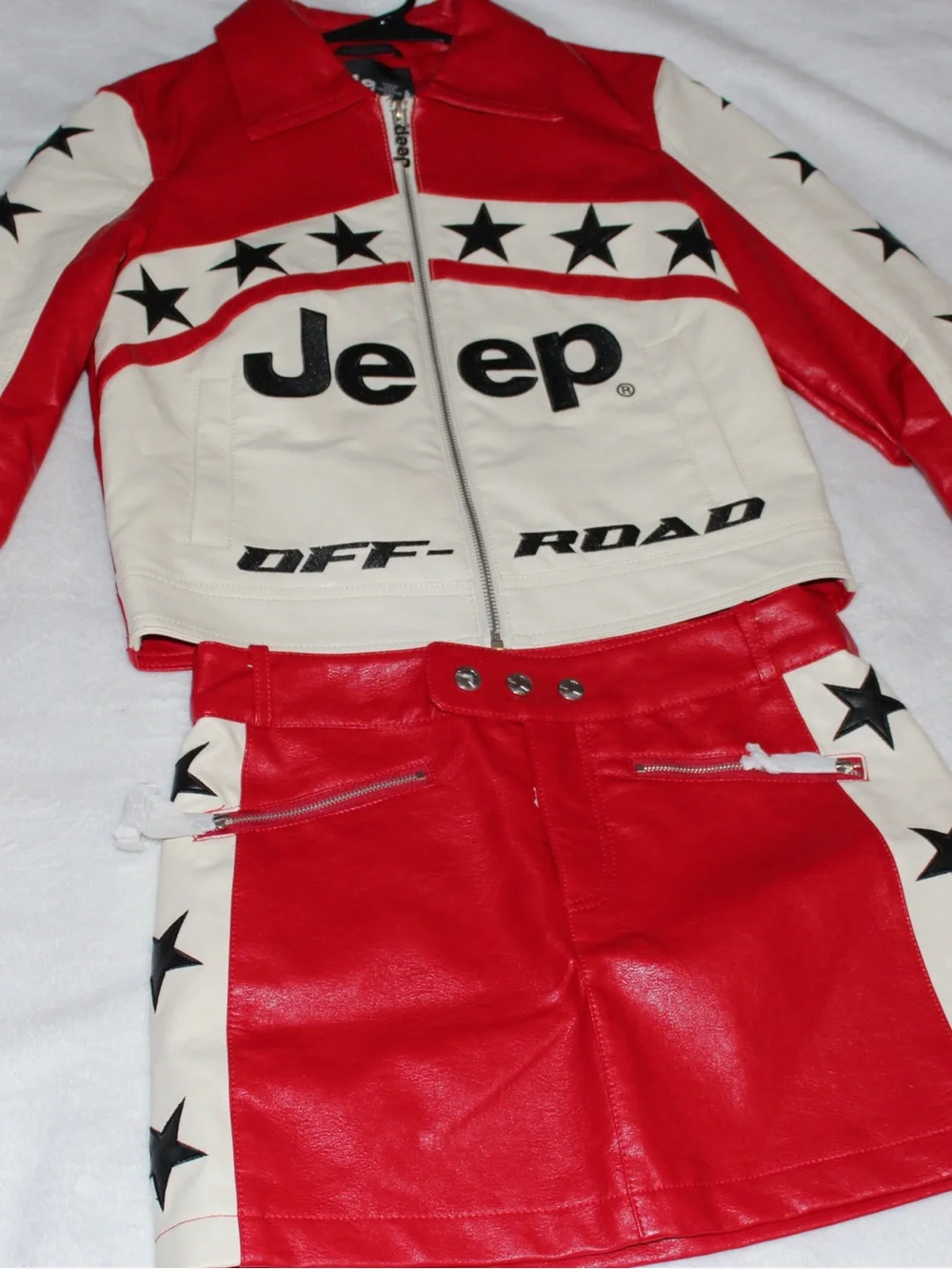 Jeep Red and White Star Leather Jacket and Skirt Set